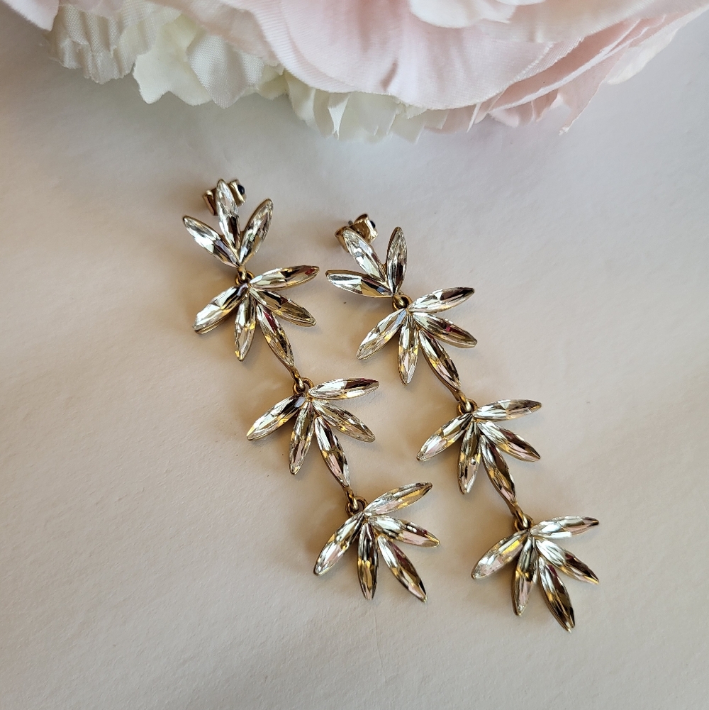 Earrings By Borrowed & Blue Dangle Drop Flower Crystal Petals Goldtone Jewelry